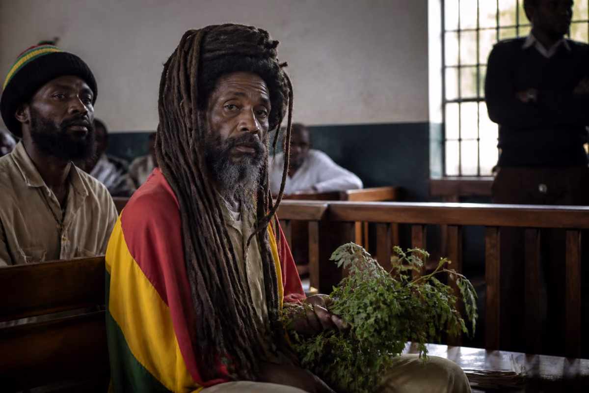 Elderly man with long dreadlocks, wrapped in a red, yellow and green flag, holding green leaves in a courtroom