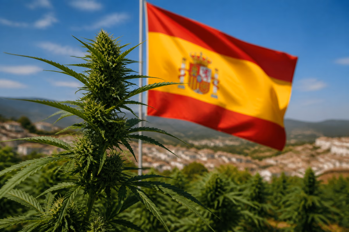 Flowering cannabis plant in front of a waving Spanish flag with a white hillside town in the background