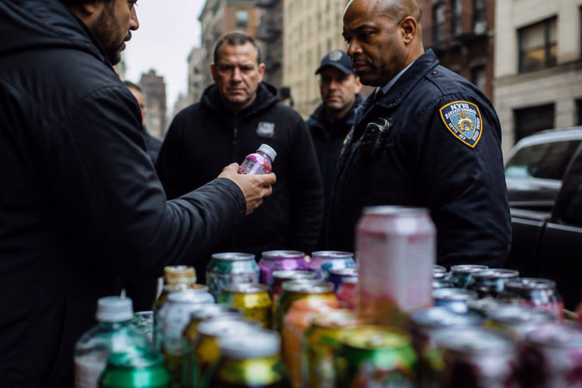 New York police officers examine a bottle at a street display of cannabis drinks