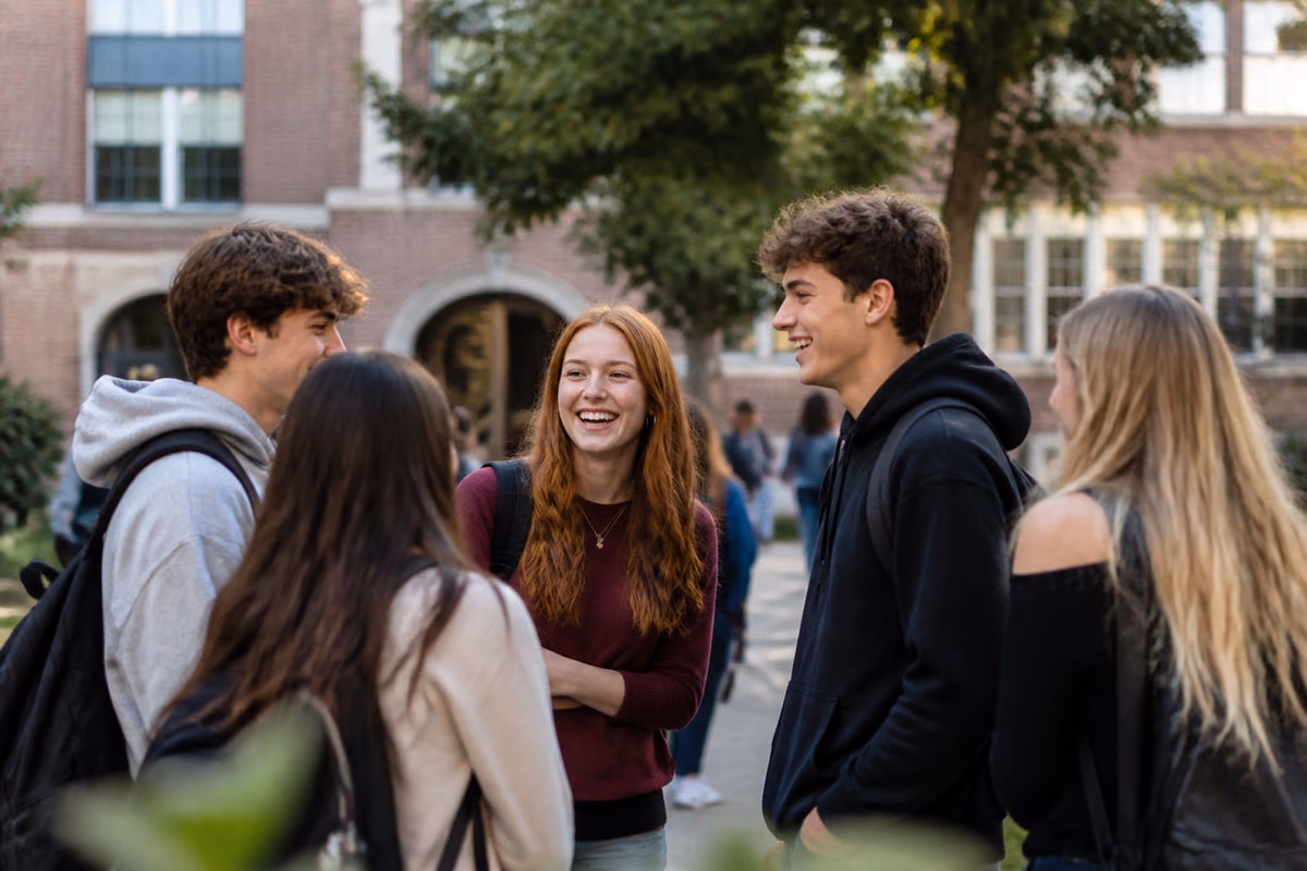 Five laughing teenagers with backpacks chatting in front of a brick school building